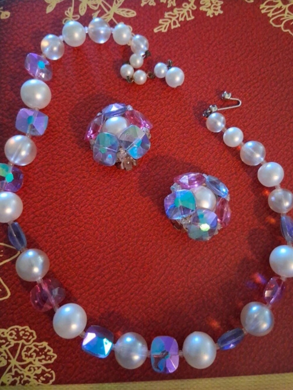 Pearl and Iridescent Crystal Necklace & Clip-On Earrings - Women Jewelry